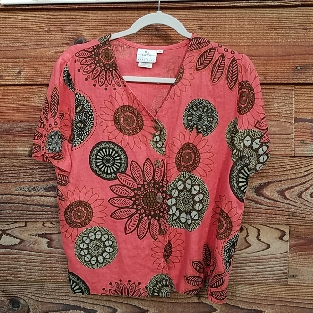 Hot Cotton coral floral top s/s linen small Summer